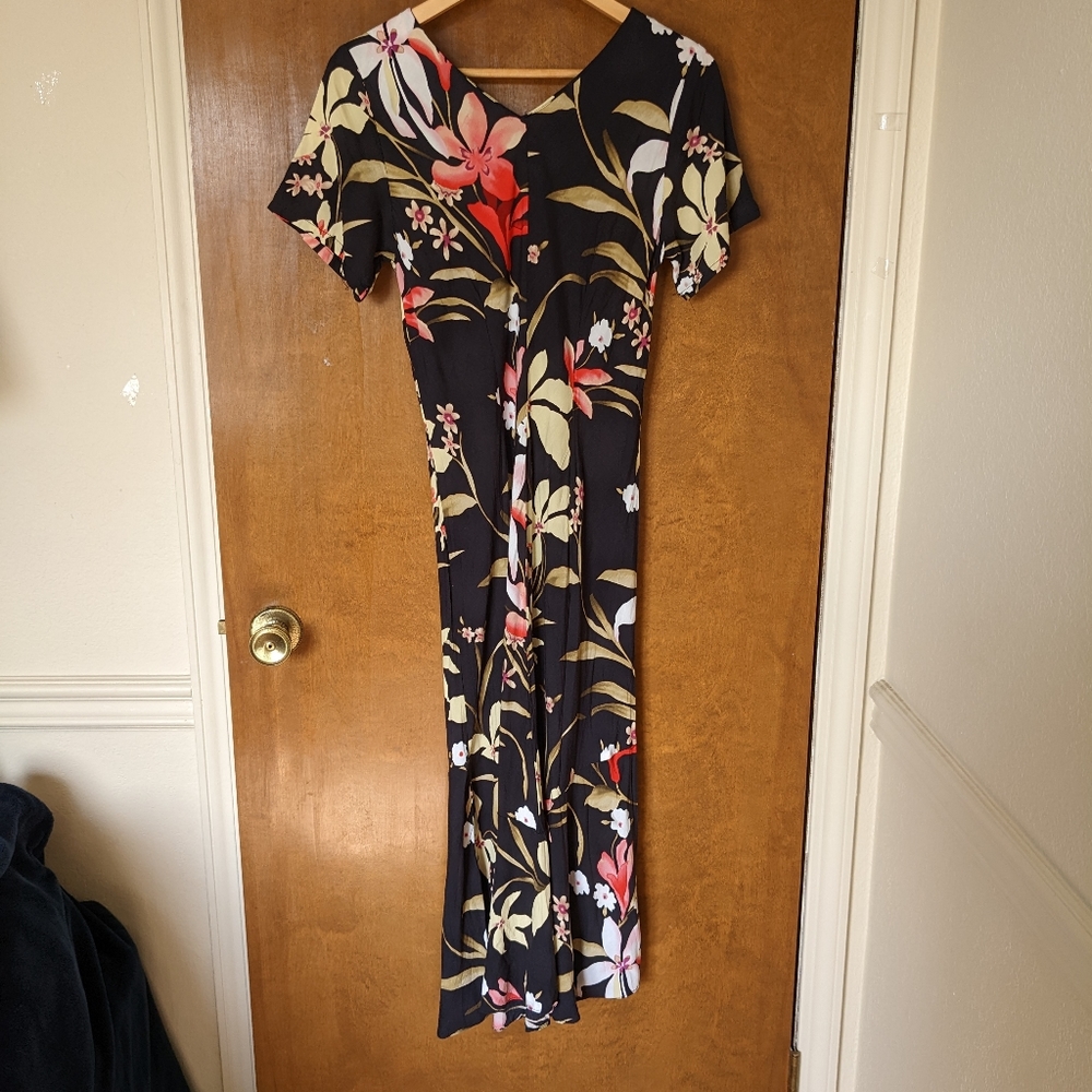 Puanani by RJC Black Hawaiian Floral Short Sleeve Flounce Hem Maxi Dress